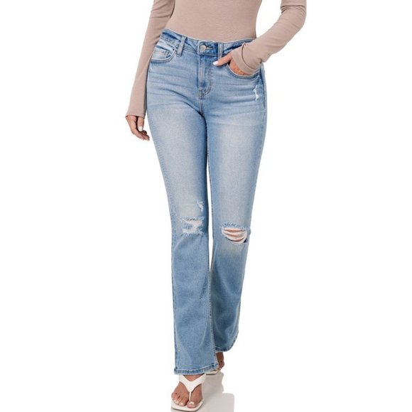 Light Wash Blue Distressed Flare Stretch Denim Jeans NWT - Picture 2 of 13